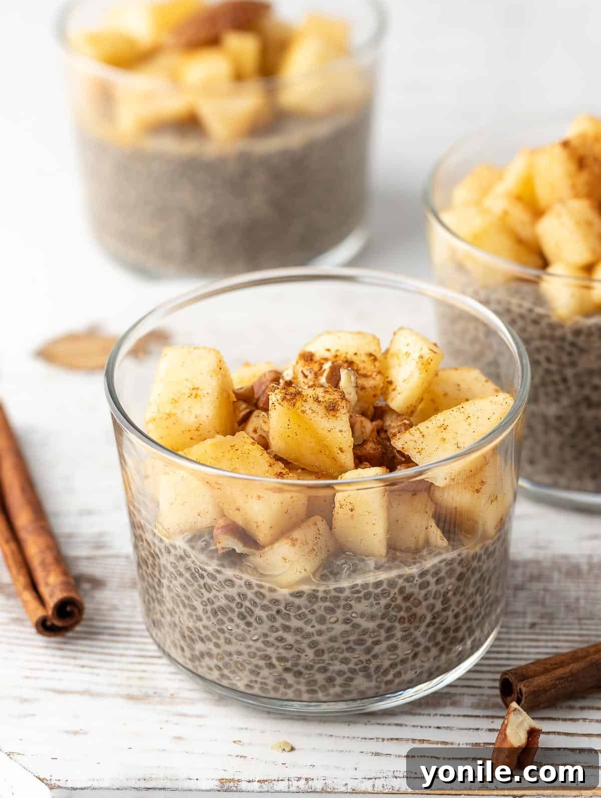 A vibrant bowl of Overnight Chia Pudding topped with fresh diced apples and cinnamon sticks, captured from an elevated angle.