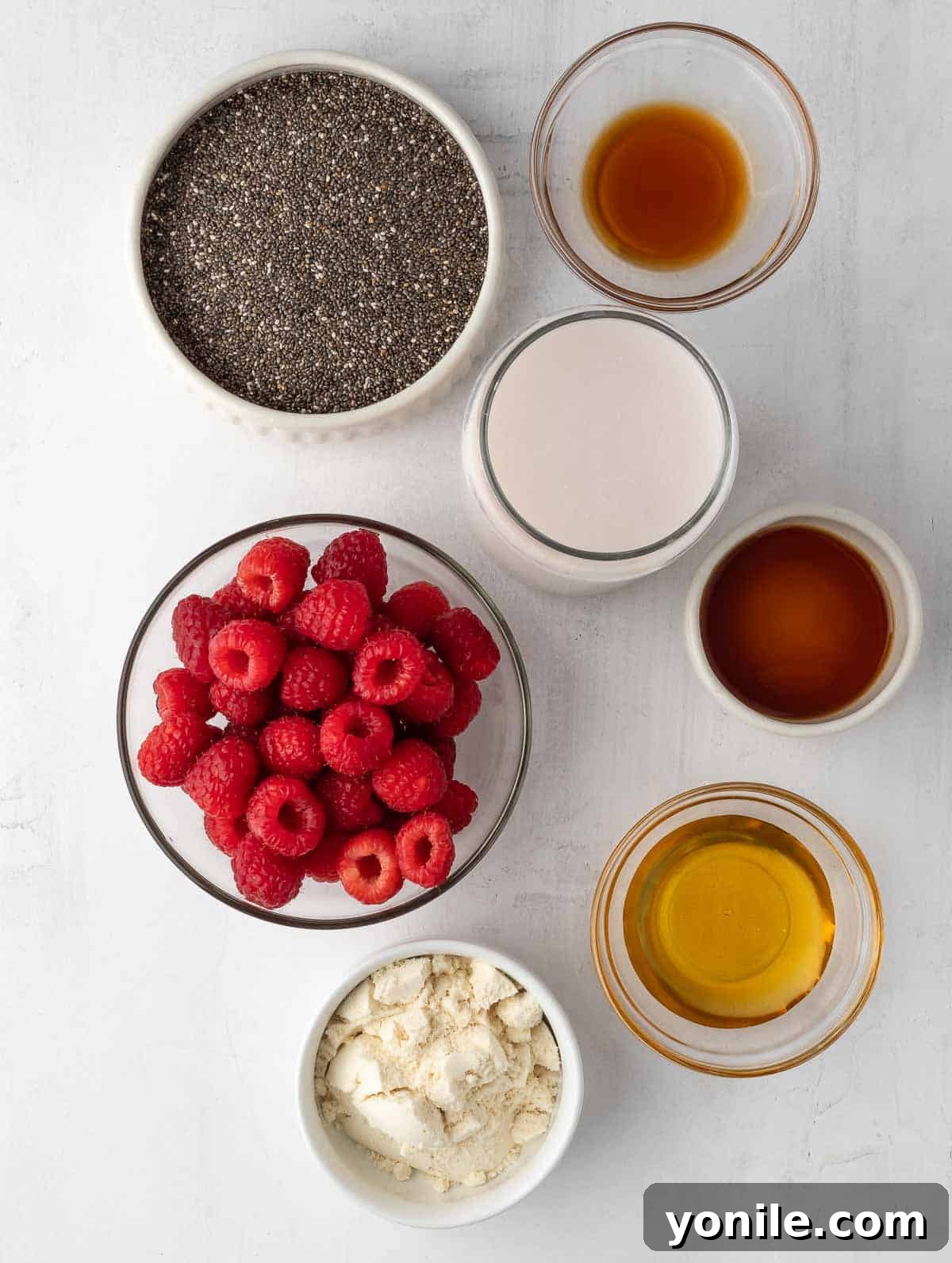 Ingredients for Raspberry Protein Chia Seed Pudding laid out on a clean surface: chia seeds, vanilla protein powder, maple syrup, vanilla extract, almond milk, salt, and fresh raspberries.