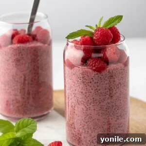 Raspberry Protein Chia Seed Pudding, topped with fresh raspberries and a mint leaf, served in a glass jar on a elegant marble tray.