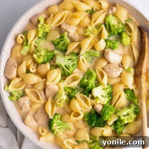 Top down shot of the creamy chicken broccoli pasta in a skillet
