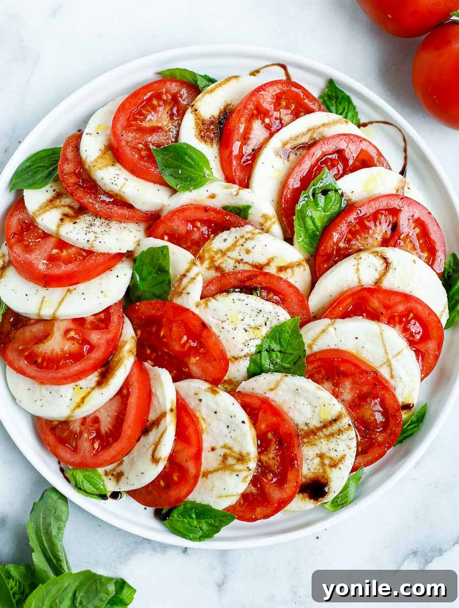 top down final shot of the caprese salad dish showcasing vibrant red tomatoes, white mozzarella, and green basil