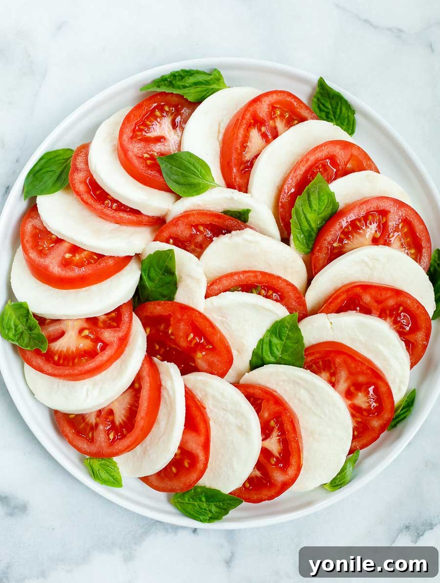top down shot of the caprese salad after being assembled with tomatoes, mozzarella, and basil, prior to dressing