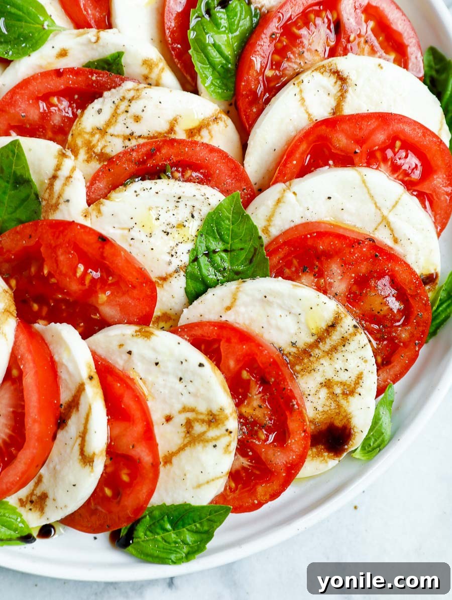 close up shot of the caprese tomato salad highlighting the fresh ingredients and vibrant colors