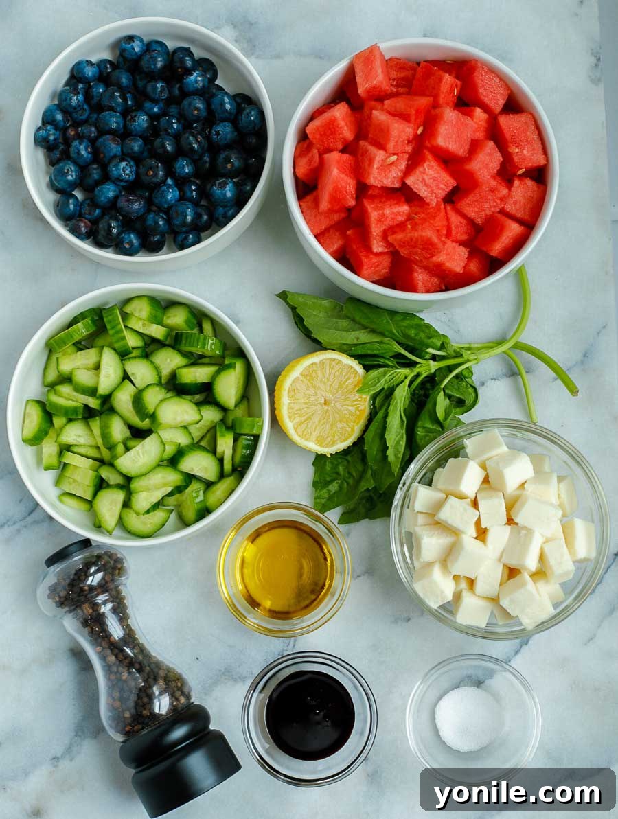 ingredients of the watermelon feta salad laid out on a white surface