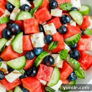 close up shot of the watermelon salad, ready to be served