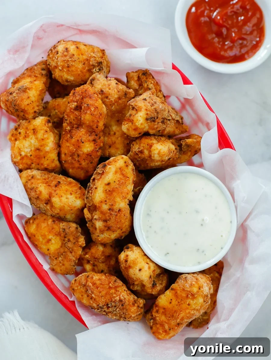 Addictive Chicken Crisps 2 Crispy chicken bites in a rustic red basket, served with a side of creamy ranch dipping sauce.