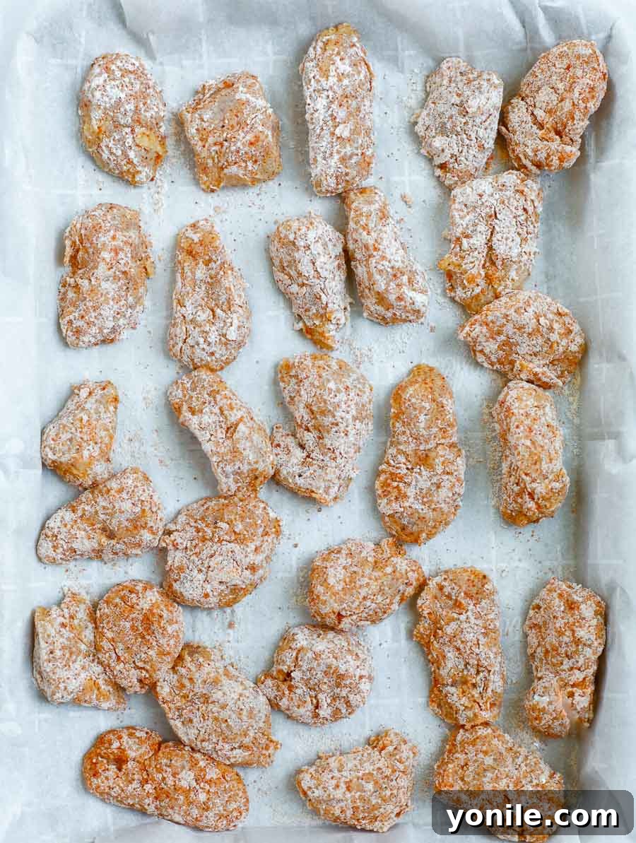 Addictive Chicken Crisps 5 Dredged chicken bites arranged neatly on a baking sheet, ready for frying.