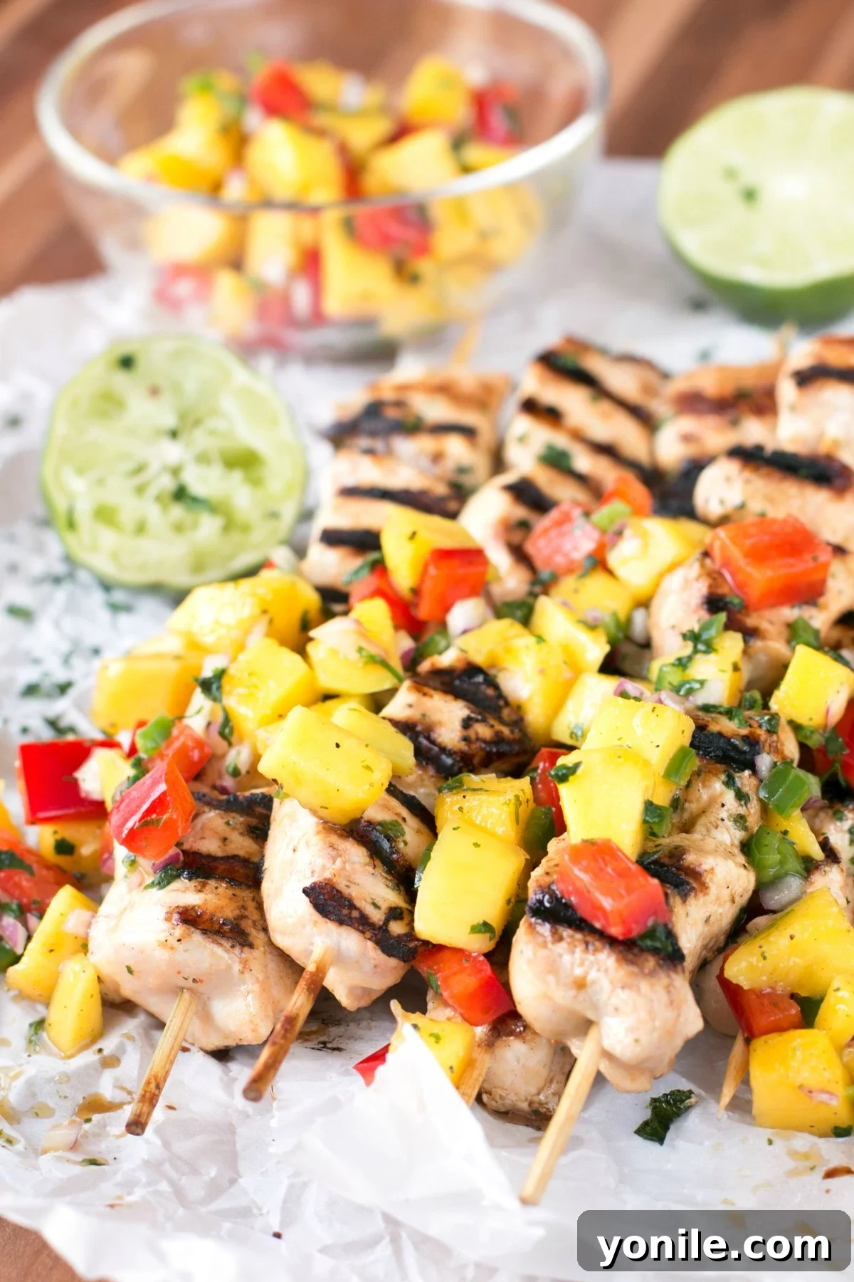 A stack of mango salsa topped chicken skewers with limes and a bowl of salsa in background