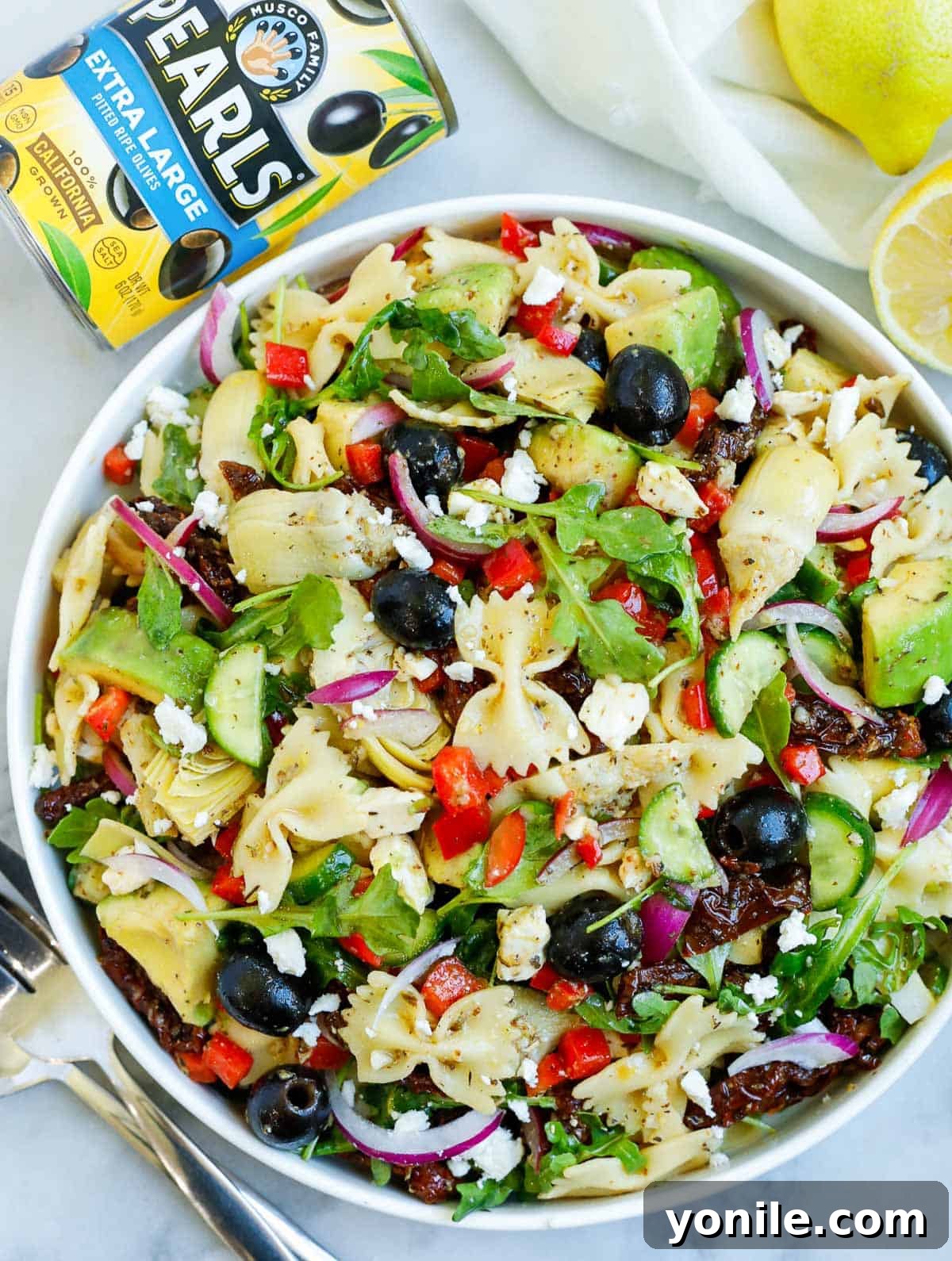 Zesty Mediterranean Pasta Salad 9 Overhead view of a lemon herb mediterranean salad.