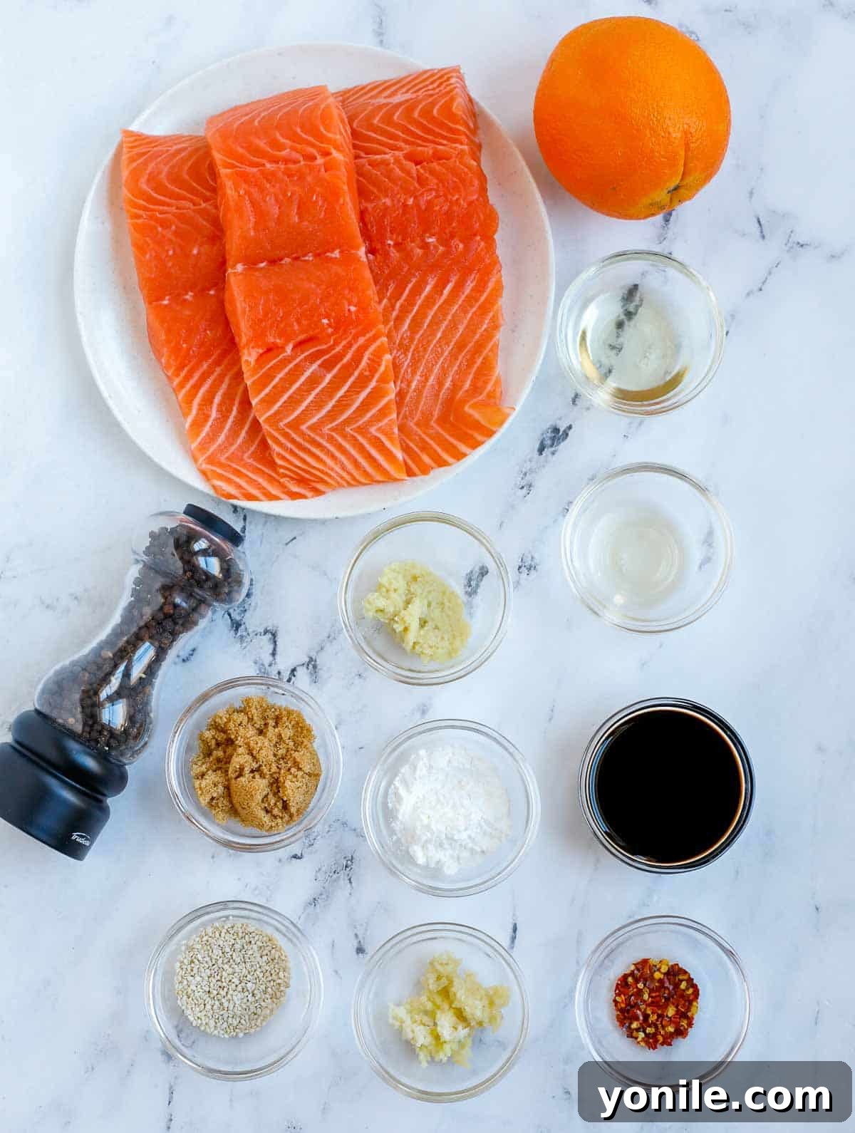 Golden Teriyaki Salmon Bake 3 A collection of fresh ingredients laid out, including salmon fillets, ginger, garlic, soy sauce, orange juice, and green onions, essential for making baked teriyaki salmon.