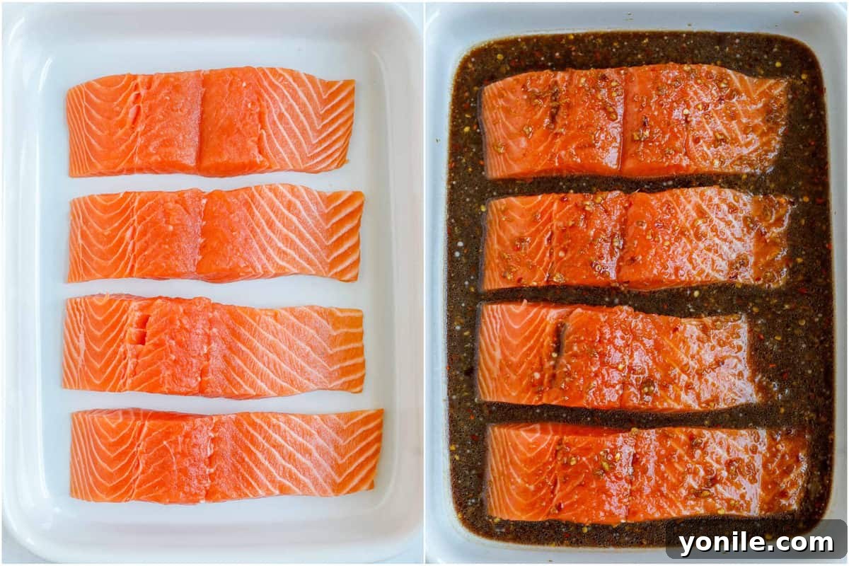 Golden Teriyaki Salmon Bake 5 Salmon fillets arranged in a baking dish, thoroughly coated with homemade teriyaki marinade, ready for baking.