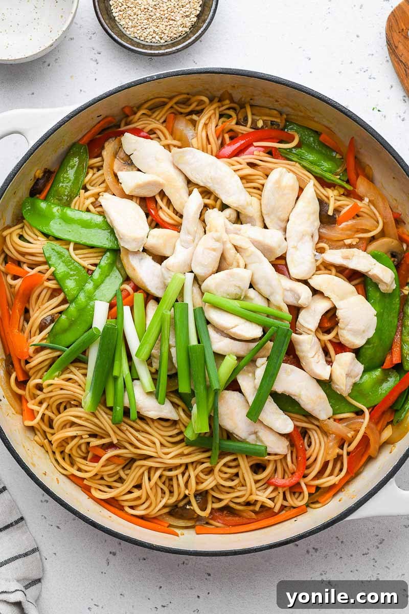 Speedy Weeknight Chicken Lo Mein 5 chicken and veggies in a skillet on top of the lo mein noodles