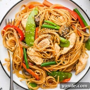 Speedy Weeknight Chicken Lo Mein 7 chicken lo mein on a plate i with a fork