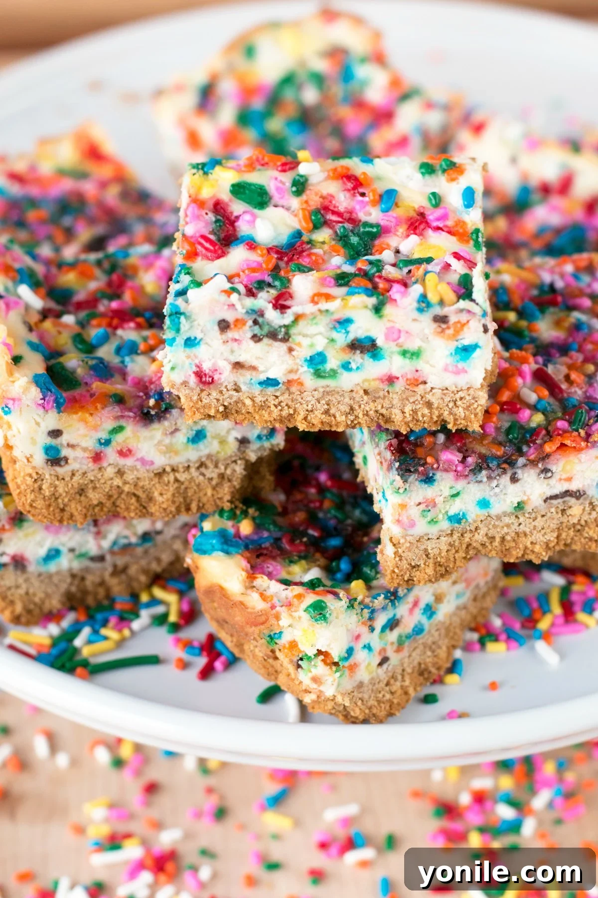 A white platter stacked high with funfetti cheesecake bars squares
