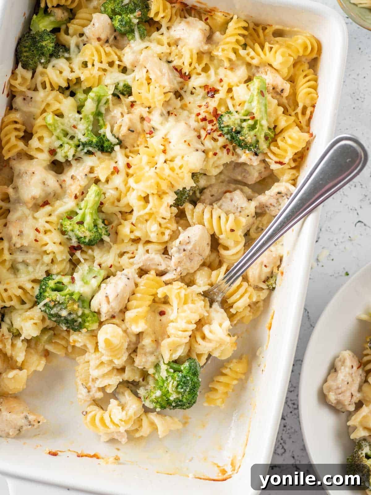 Homestyle Baked Chicken and Broccoli Pasta 2 A golden-brown baked chicken and broccoli pasta casserole in a white baking dish, fresh from the oven, with a serving spoon resting inside.