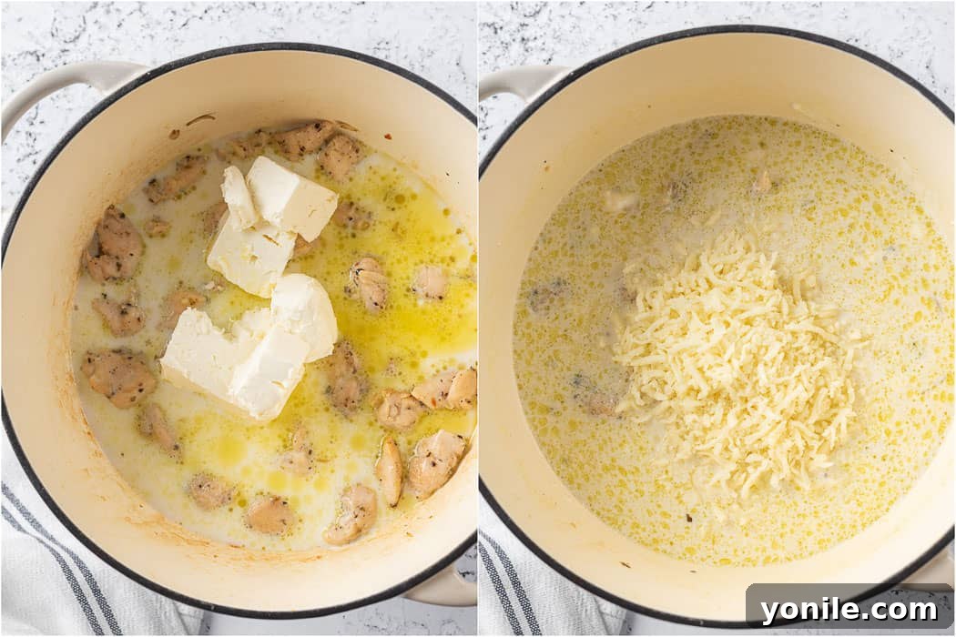 Homestyle Baked Chicken and Broccoli Pasta 6 A two-part image showcasing the creamy chicken sauce: first, a simmering sauce with cream cheese melting in, and second, the same sauce after mozzarella has been added and melted, becoming thicker and richer.