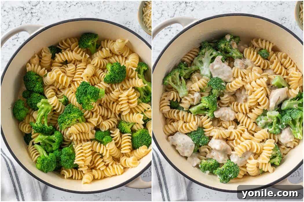 Homestyle Baked Chicken and Broccoli Pasta 7 A close-up view of cooked pasta and broccoli being stirred into a creamy chicken sauce in a large pot, ensuring all ingredients are well combined for the pasta bake.