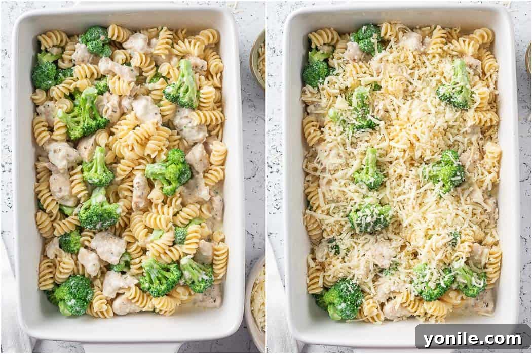 Homestyle Baked Chicken and Broccoli Pasta 8 A two-part image showing the chicken and broccoli pasta mixture in a white baking dish before adding cheese, and then after the remaining mozzarella cheese has been sprinkled on top, ready for baking.