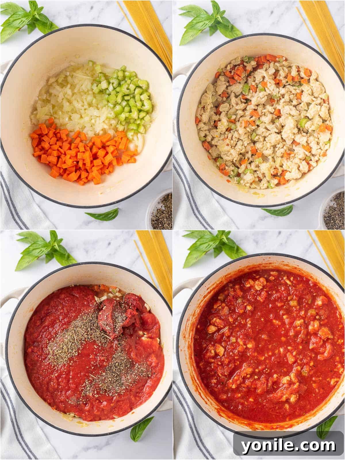 Simple Baked Spaghetti Casserole 4 Process shots showing the gradual development of the spaghetti sauce, starting with sautéed vegetables and ground chicken.
