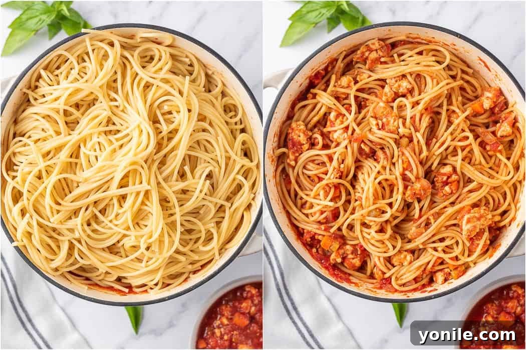 Simple Baked Spaghetti Casserole 5 Before and after mixing the cooked spaghetti with the rich chicken and tomato sauce, ready for baking.