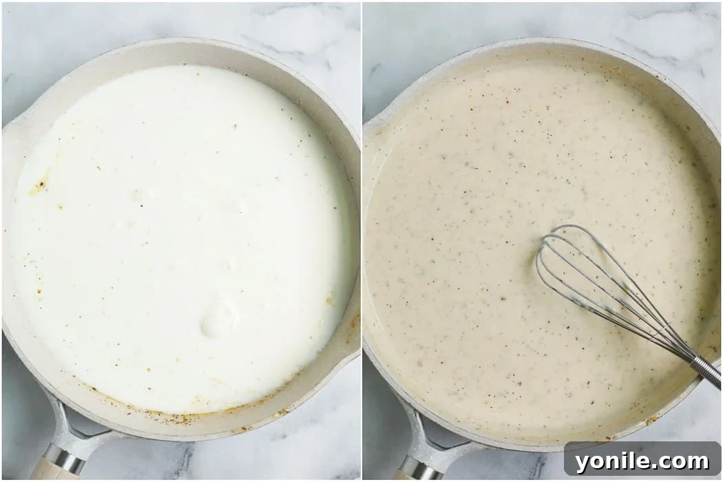 making of Greek White Alfredo Lasagna sauce