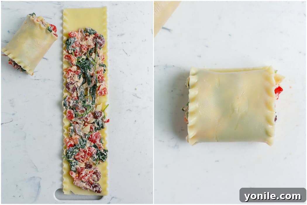 rolling of making of Greek White Alfredo Lasagna
