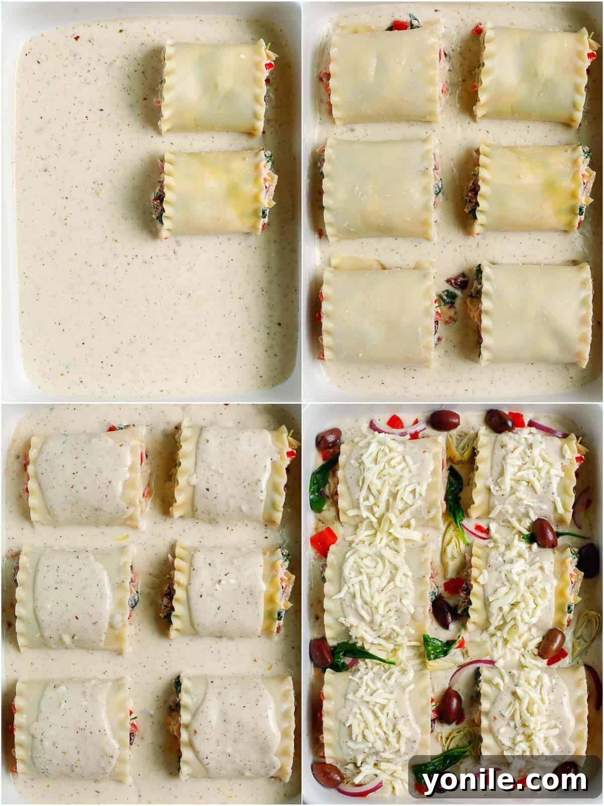 rolls of Greek alfredo lasagna placed in a baking dish with topping