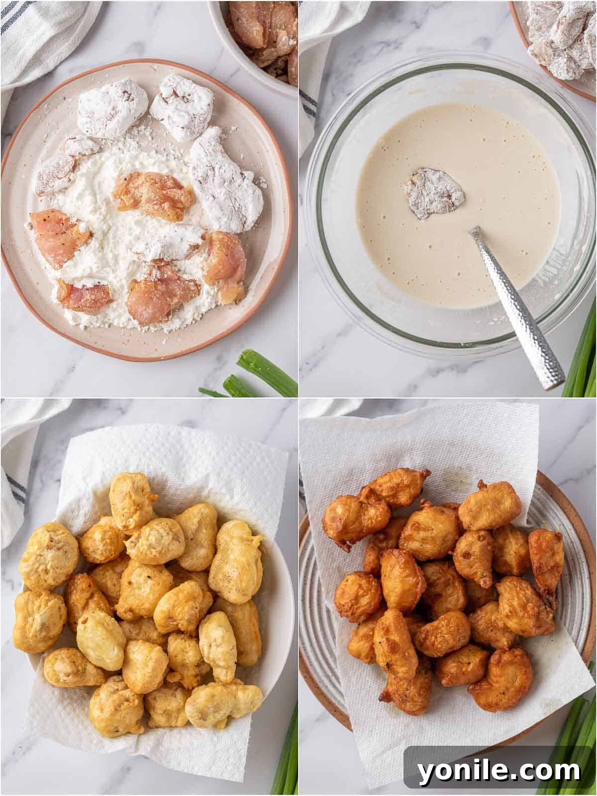 A series of images showing chicken being coated in cornstarch, then tempura batter, and finally frying to a golden crisp.