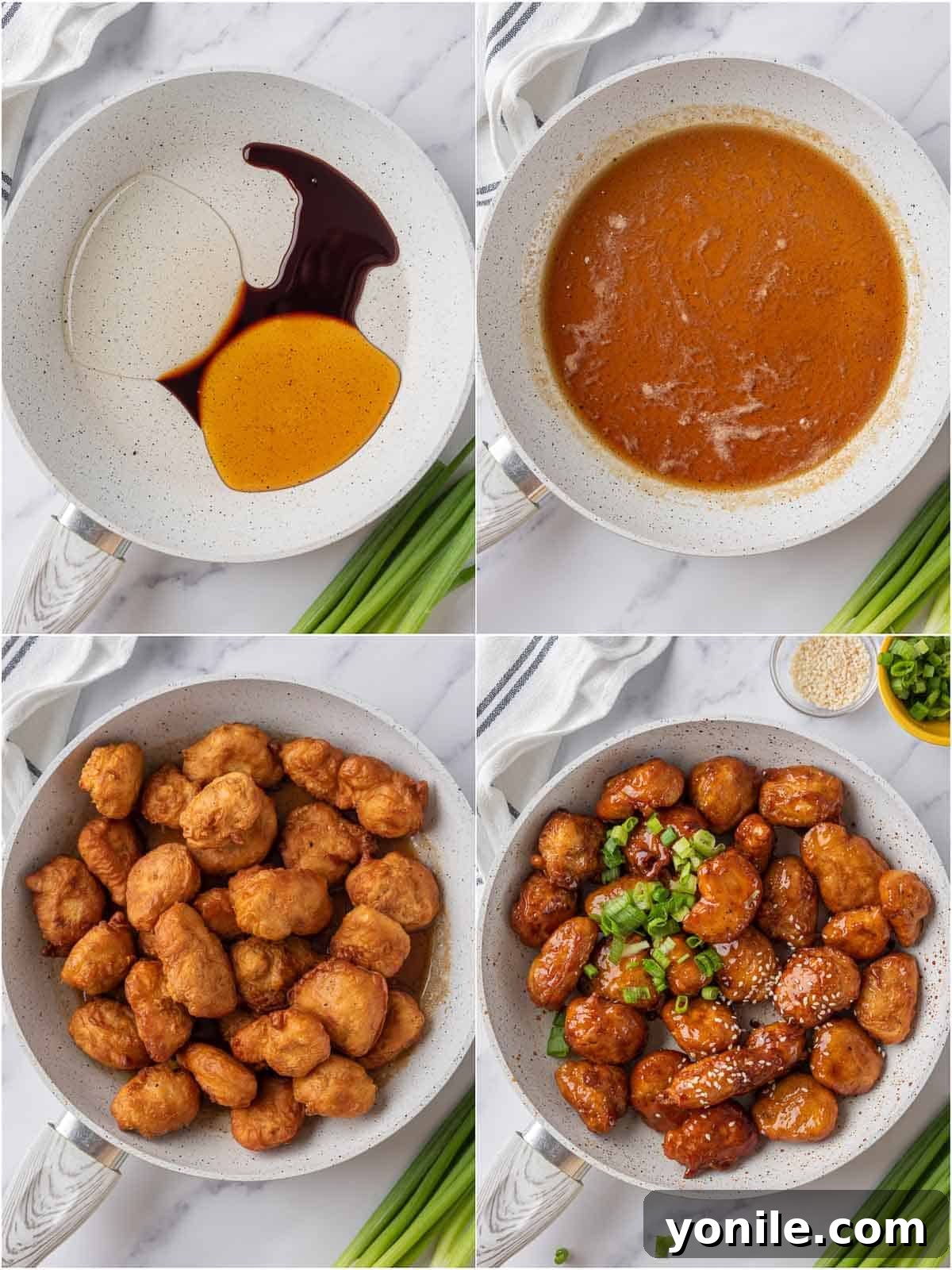 A skillet with honey sauce simmering and then showing the crispy chicken pieces being tossed in the sauce.