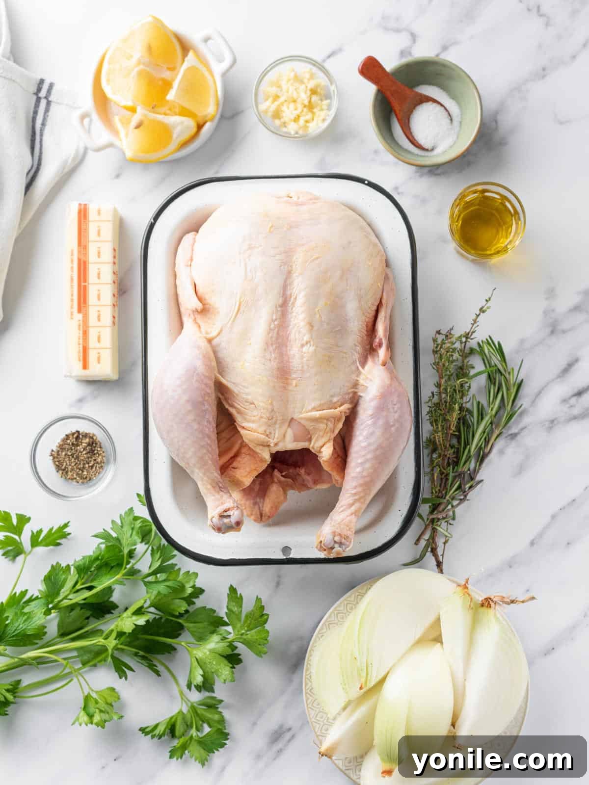 A selection of fresh ingredients including a whole chicken, herbs, garlic, lemons, and onions, neatly arranged for making Oven Baked Roasted Whole Chicken.