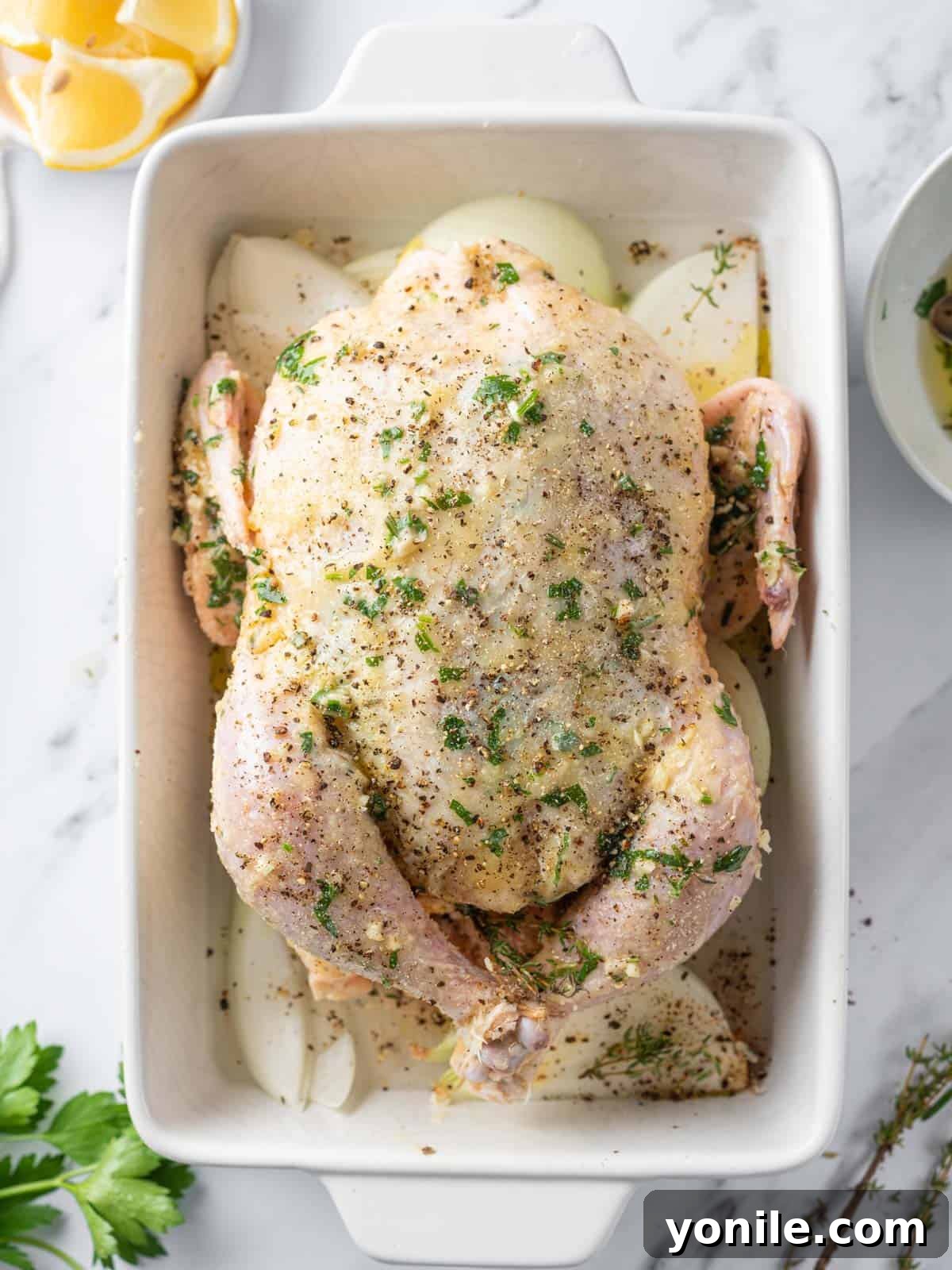 A whole chicken expertly rubbed with a rich herb and butter mixture, placed breast-side up in a roasting pan with onion wedges.