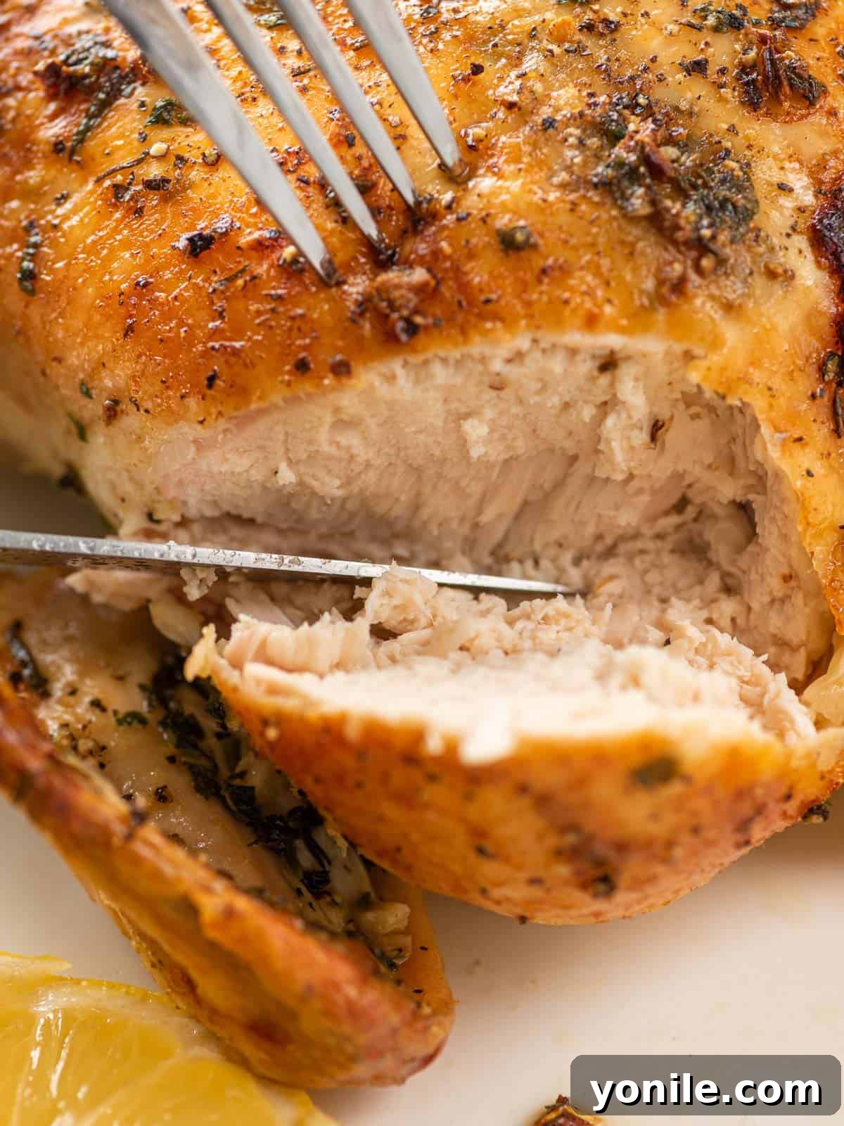 A perfectly roasted whole chicken, expertly sliced and arranged on a serving platter, showcasing its juicy interior.