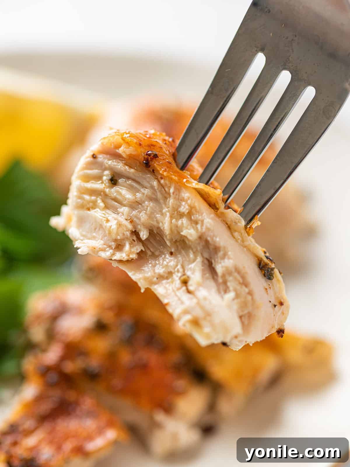 A fork holding a piece of tender roasted chicken, showcasing its succulent texture, with the rest of the chicken blurred in the background.