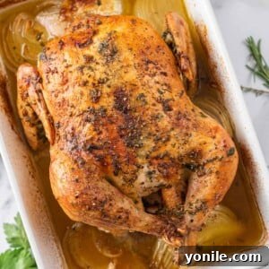 A whole roasted baked chicken in a baking dish, golden brown and garnished with herbs.