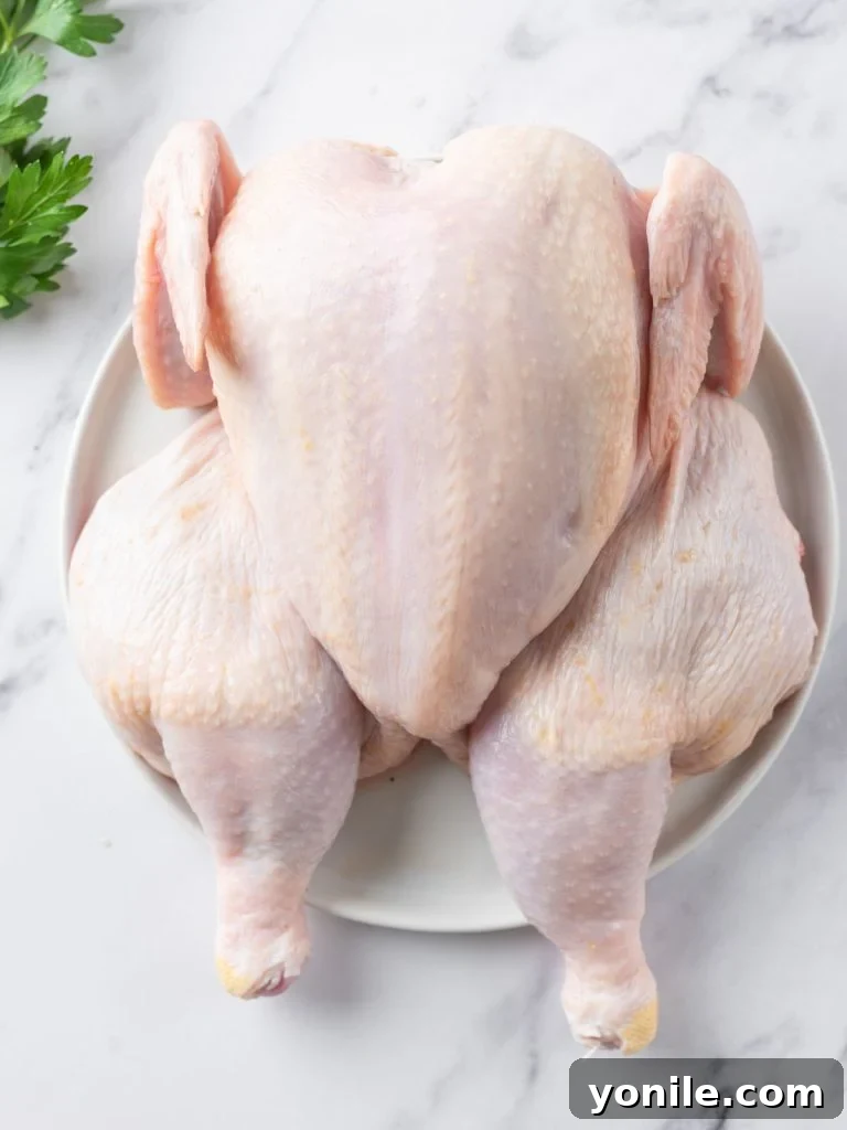 Succulent Spatchcock Roast Chicken 6 A raw whole chicken on a cutting board, before spatchcocking.