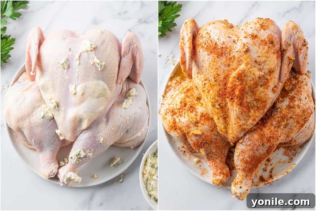 Succulent Spatchcock Roast Chicken 8 Hands carefully buttering and seasoning a spatchcocked chicken, ensuring even coverage.
