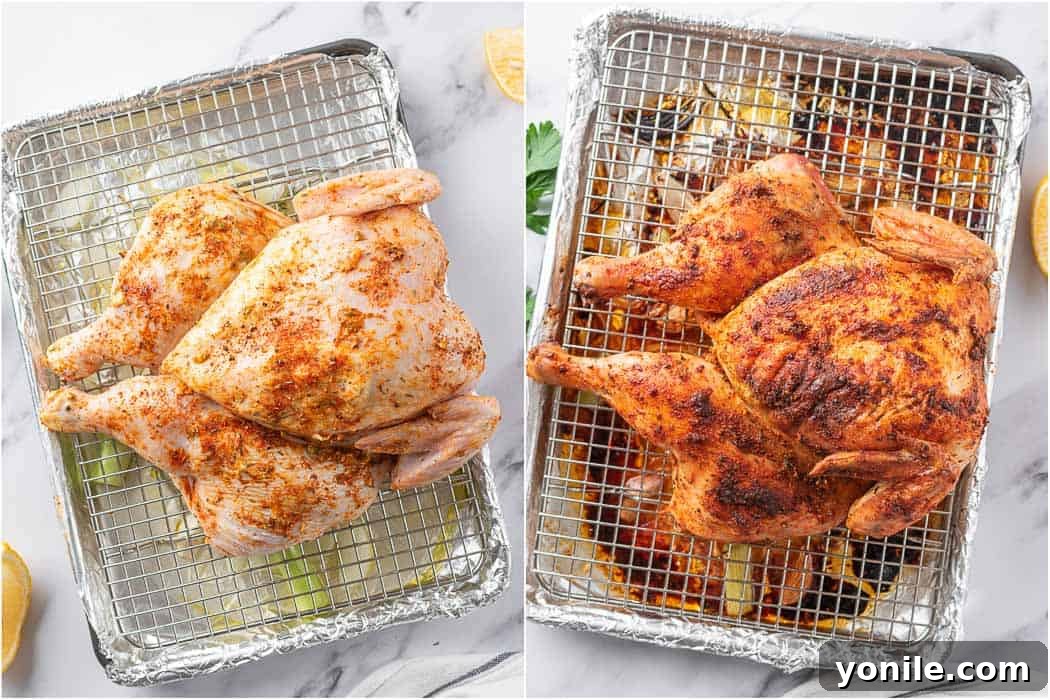 Succulent Spatchcock Roast Chicken 10 A split image showing the spatchcock chicken before roasting (raw and seasoned) and after roasting (golden brown and crispy).