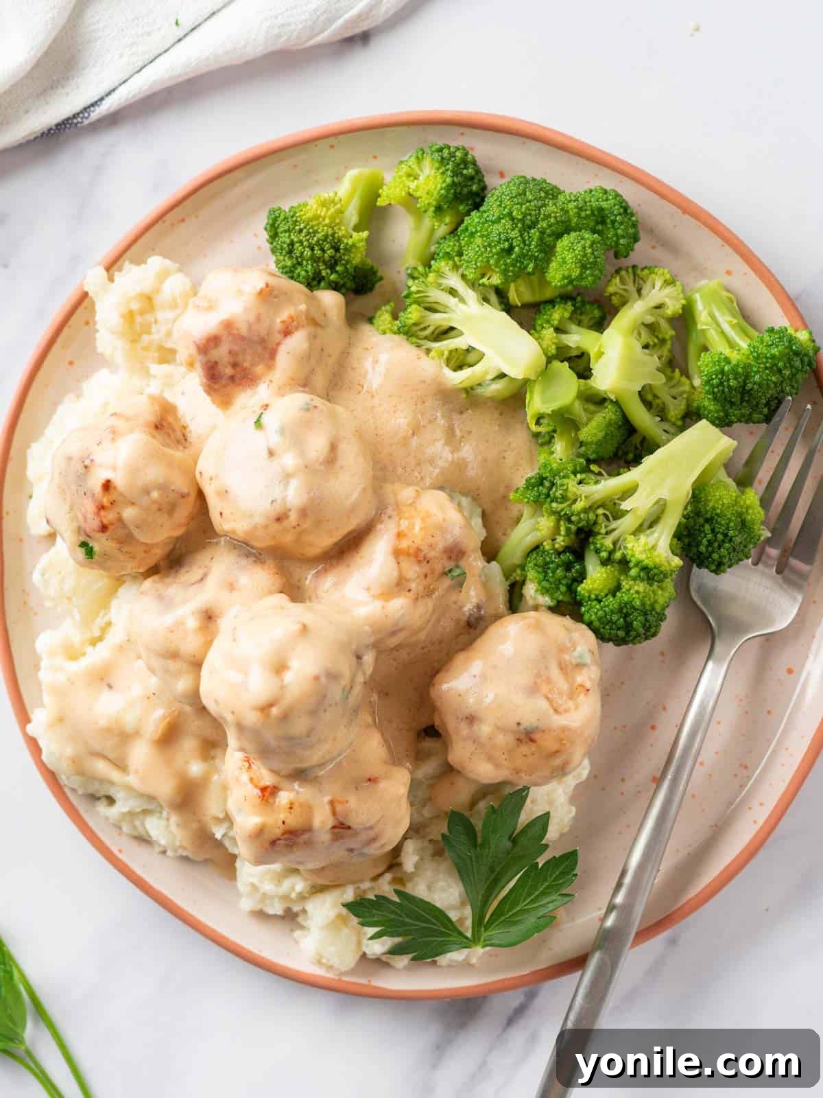 A beautifully plated dish of chicken Swedish meatballs with creamy gravy, accompanied by steamed broccoli, ready to eat.