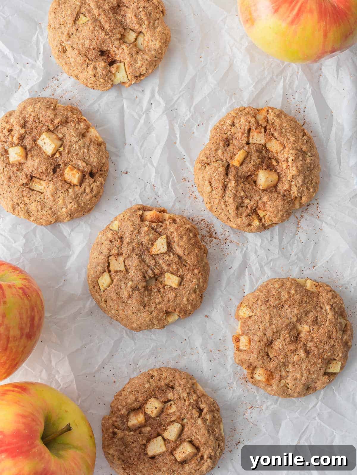 Multiple freshly baked healthy apple pie oatmeal cookies on parchment paper.