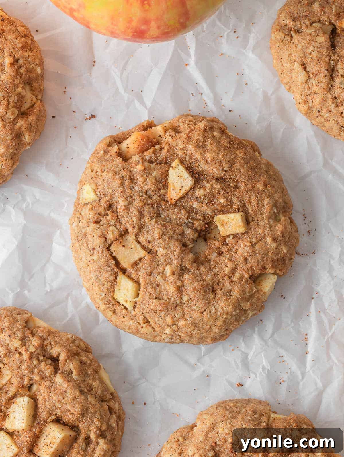 Overhead view of a spread of healthy apple pie oatmeal cookies, garnished with a sprinkle of cinnamon and nutmeg.
