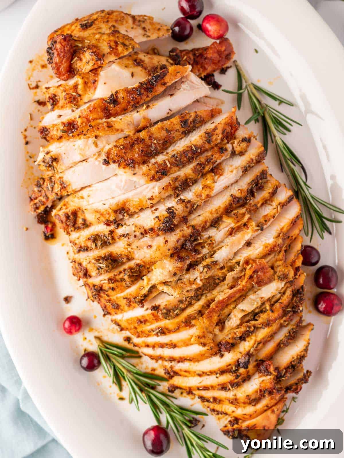 Perfectly Roasted Boneless Turkey Breast 2 overhead shot of beautifully sliced roasted turkey breast on a white plate, garnished with vibrant cranberries and fragrant rosemary sprigs