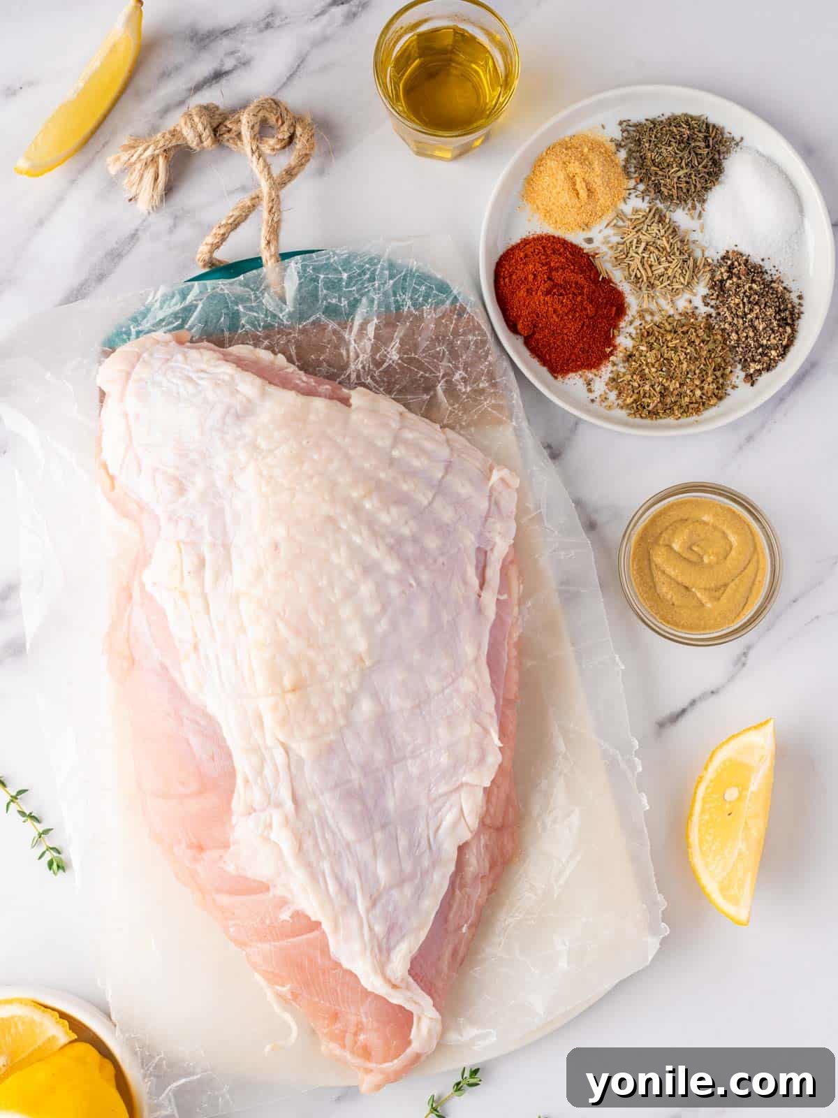 Perfectly Roasted Boneless Turkey Breast 3 a vibrant flat lay image showcasing all the fresh ingredients needed for the roasted turkey breast recipe, including herbs, spices, lemon, and a turkey breast