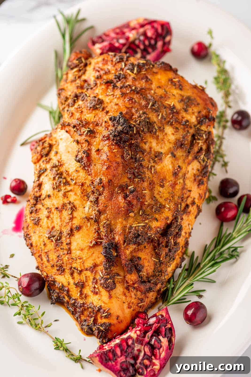Perfectly Roasted Boneless Turkey Breast 6 a whole, beautifully roasted turkey breast presented on a white platter, elegantly garnished with vibrant whole cranberries and fresh rosemary