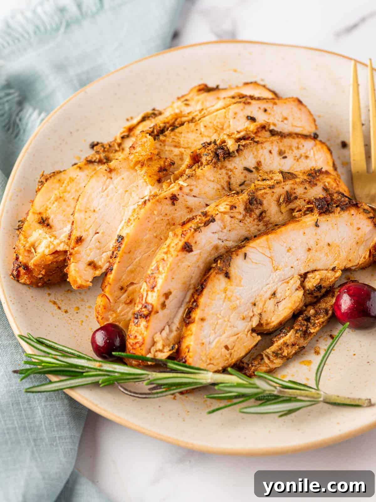 Perfectly Roasted Boneless Turkey Breast 8 close-up of perfectly sliced oven roasted turkey breast pieces on a white plate, showcasing the juicy texture and golden-brown skin