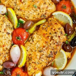 Close up of a pan of oven baked Greek chicken breasts.