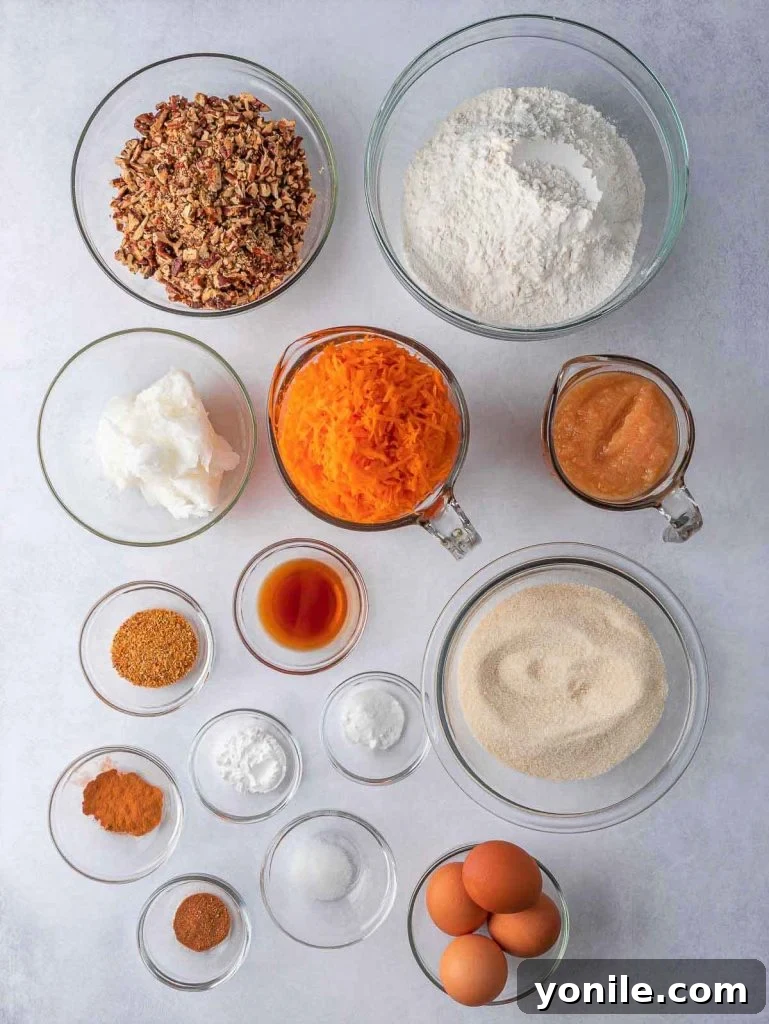 Various carrot cake ingredients, including flour, sugar, spices, and chopped nuts, arranged in small ramekin bowls.