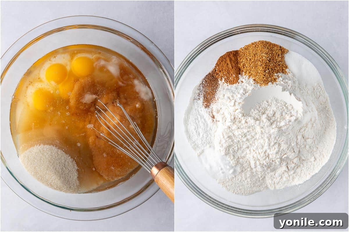 Two separate bowls; one containing the dry ingredients for carrot cake, the other holding the wet ingredients.