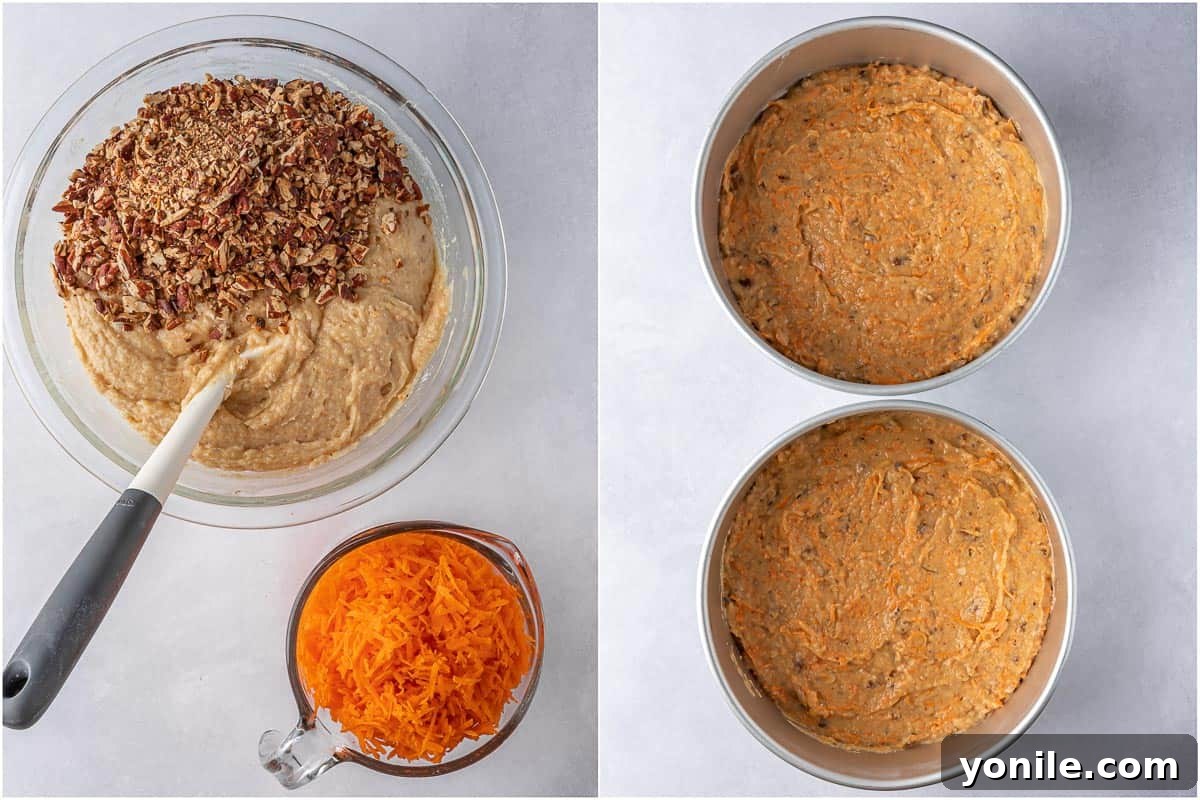 Carrot cake batter smoothed into a round cake pan, ready for baking.