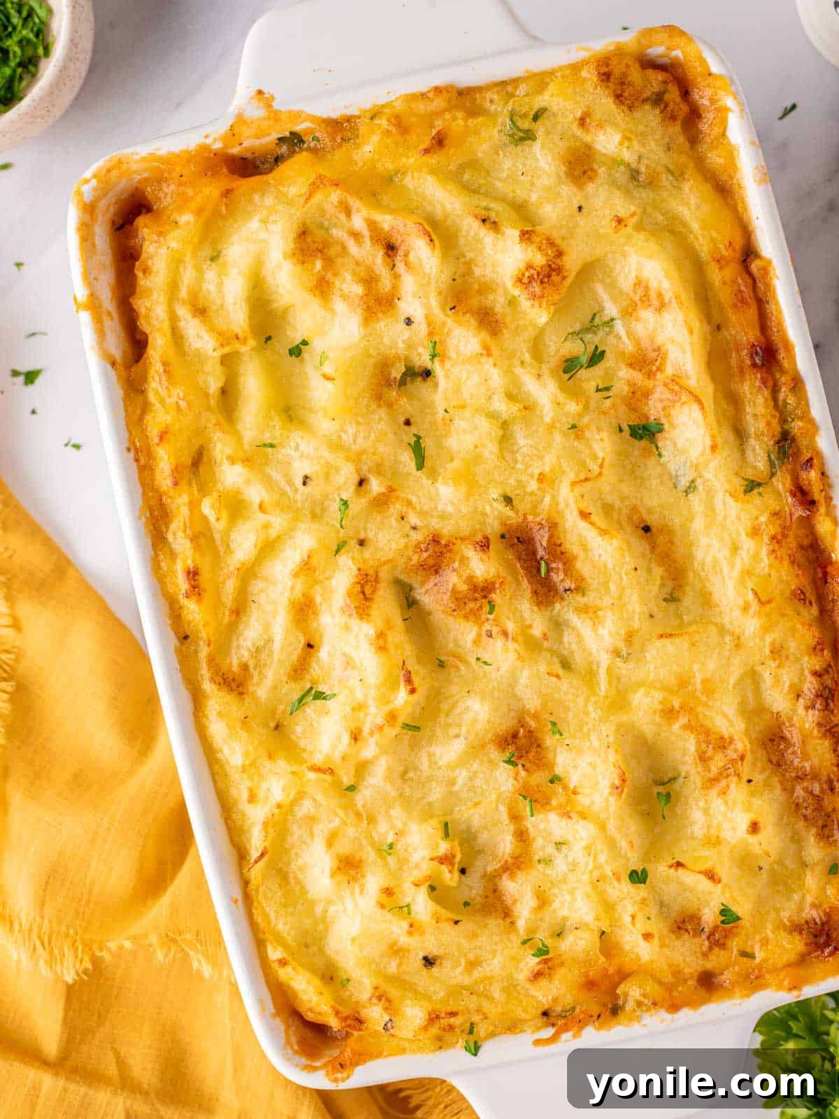 Golden-brown Chicken Shepherd's Pie in a white baking dish, garnished with fresh parsley
