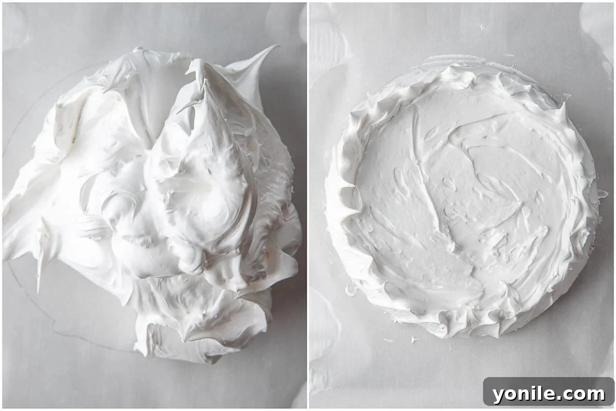 A round of meringue piped onto parchment paper on a baking sheet, forming the base of a pavlova.